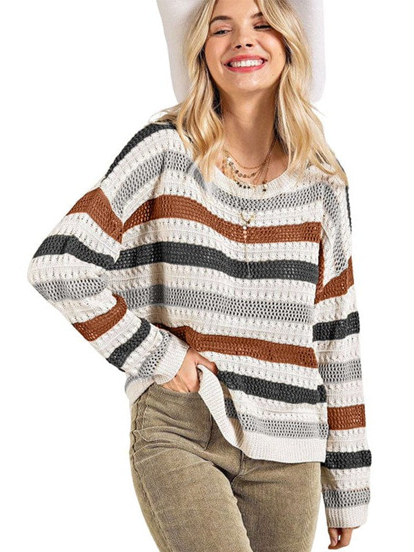 Lazy Style Acrylic and Cotton Striped Sweater in Wool Blend