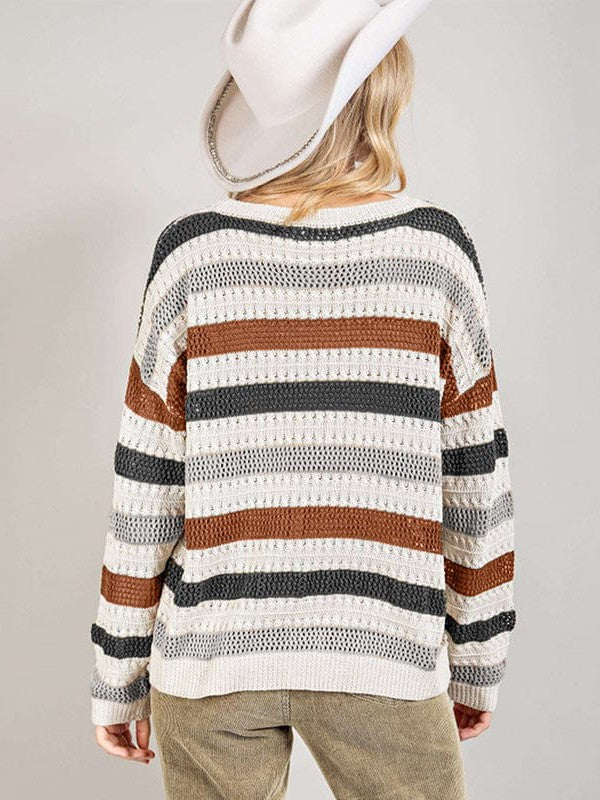 Lazy Style Acrylic and Cotton Striped Sweater in Wool Blend