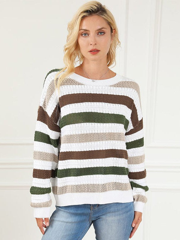 Lazy Style Acrylic and Cotton Striped Sweater in Wool Blend