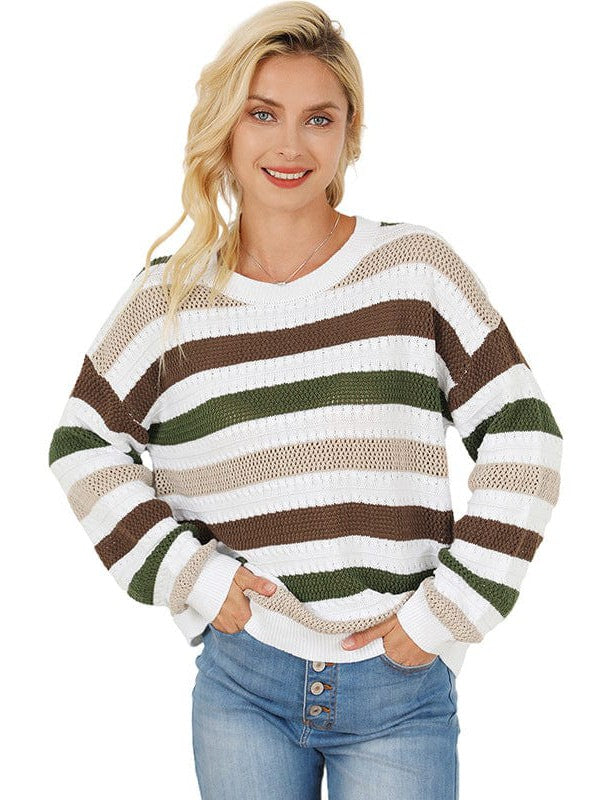 Lazy Style Acrylic and Cotton Striped Sweater in Wool Blend