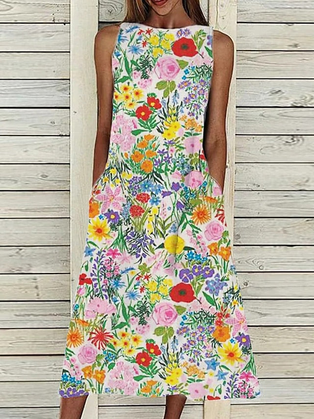 Women's Dress - A Line Dress Midi Dress Sleeveless Floral Pocket Cold Shoulder Print Spring Summer Round Neck Casual Vintage Going out 2023 S M L XL XXL Cotton