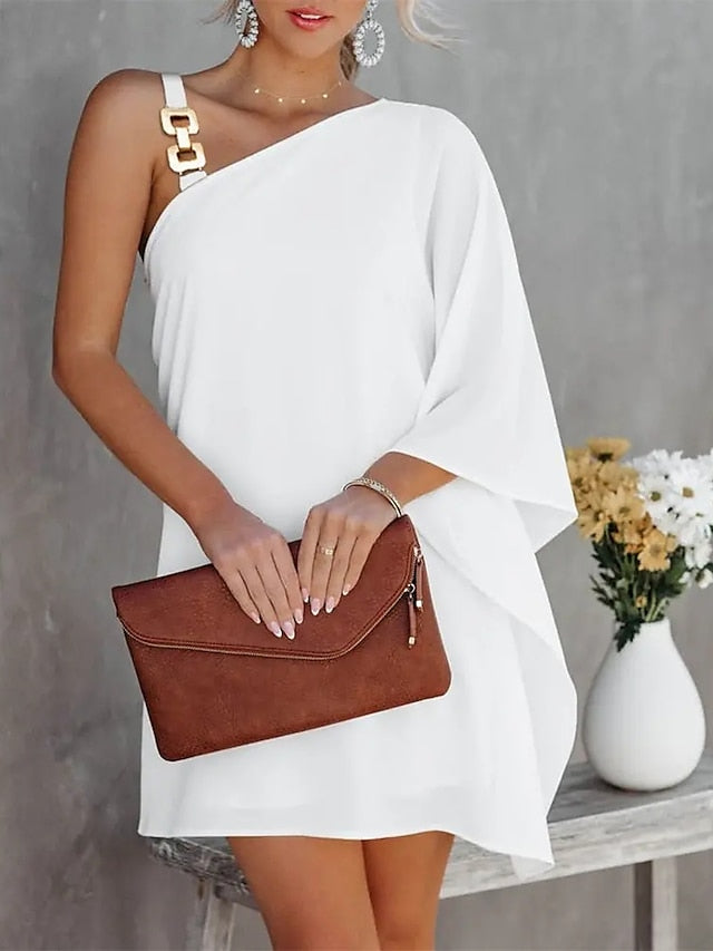 Women's Dress - Shift Dress Mini Dress Black White Light Red Short Sleeve Pure Color Cold Shoulder Spring Summer Cold Shoulder Stylish Loose Fit 2023 S M L XL XXL