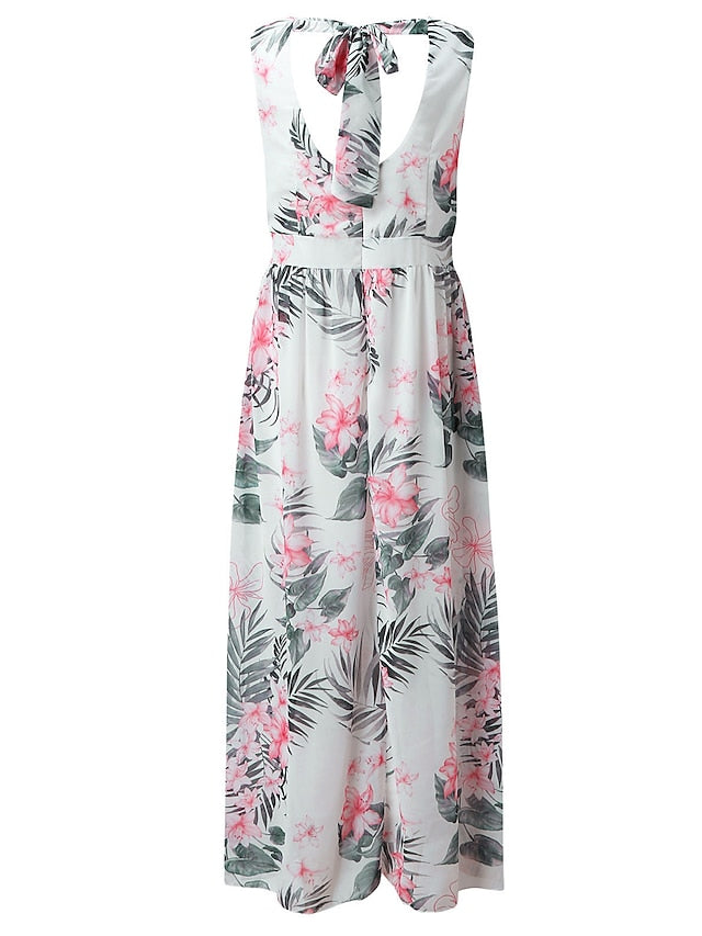 Women's Dress - Swing Dress Long Dress Maxi Dress Pink White Sleeveless Floral Split Spring Summer V Neck Weekend 2023 S M L XL XXL