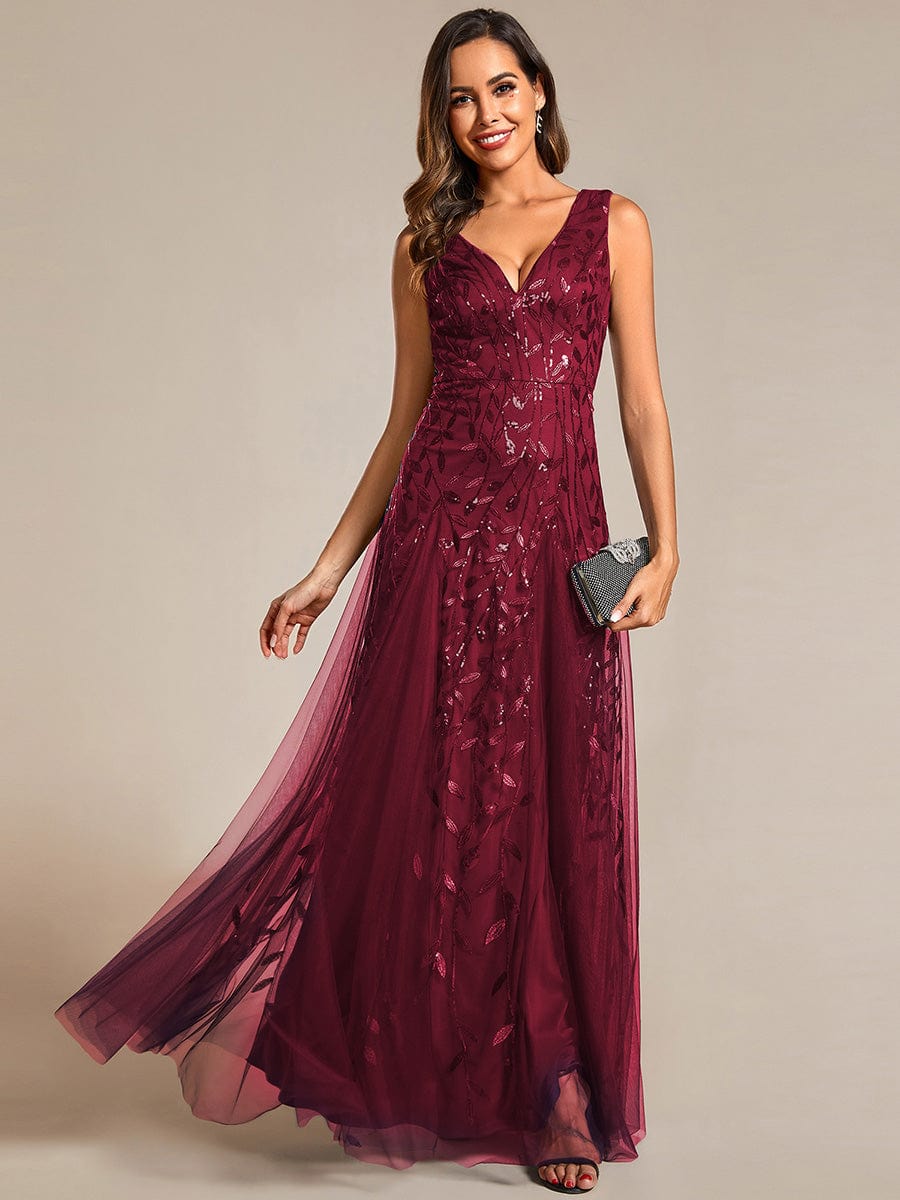 Leaf Sequin Sleeveless A-Line Evening Dress with Elegant V-Neck and Tulle