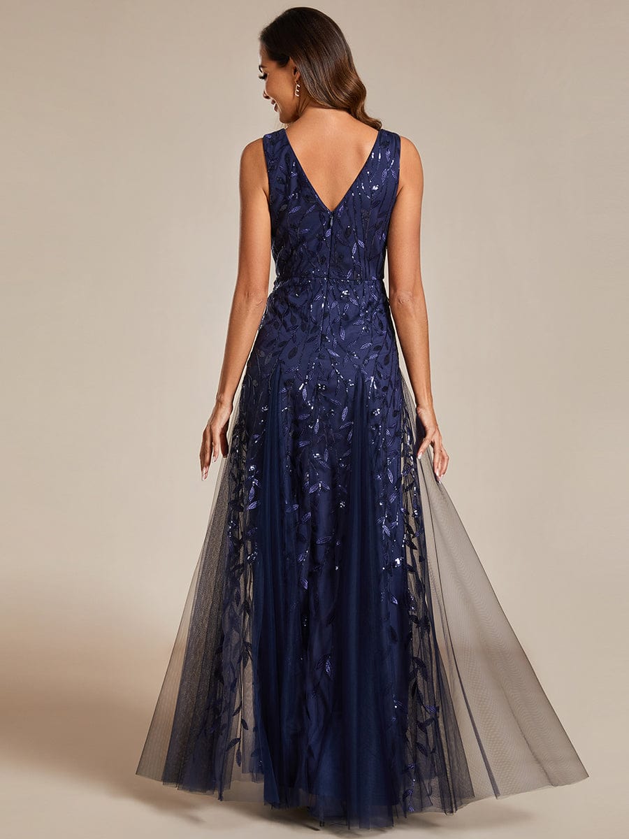 Leaf Sequin Sleeveless A-Line Evening Dress with Elegant V-Neck and Tulle