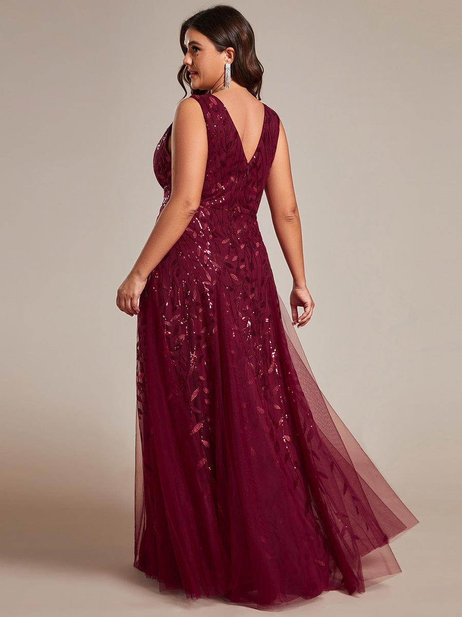 Leaf Sequin Sleeveless A-Line Evening Dress with Elegant V-Neck and Tulle