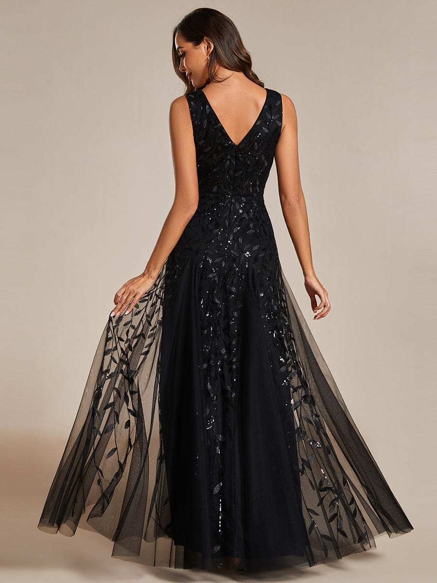 Leaf Sequin Sleeveless A-Line Evening Dress with Elegant V-Neck and Tulle