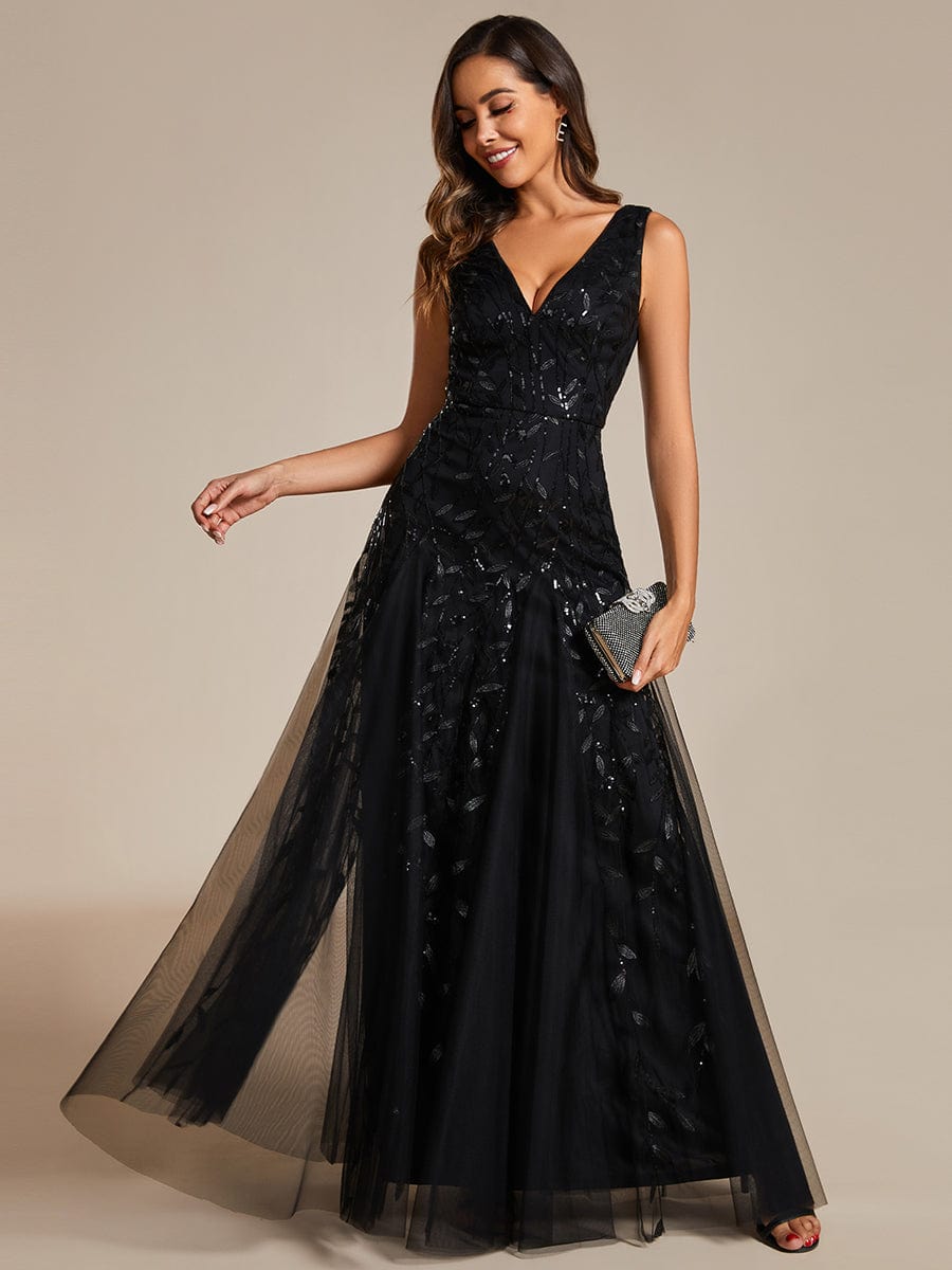 Leaf Sequin Sleeveless A-Line Evening Dress with Elegant V-Neck and Tulle