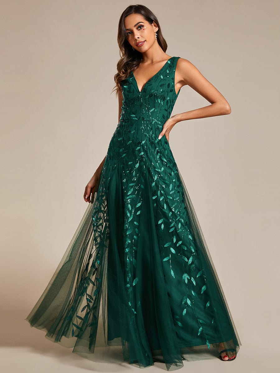 Leaf Sequin Sleeveless A-Line Evening Dress with Elegant V-Neck and Tulle