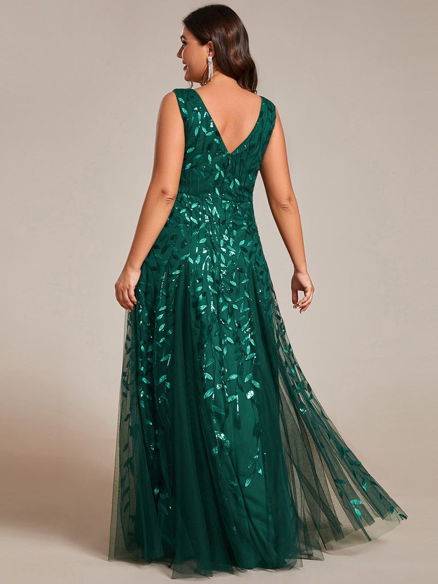Leaf Sequin Sleeveless A-Line Evening Dress with Elegant V-Neck and Tulle