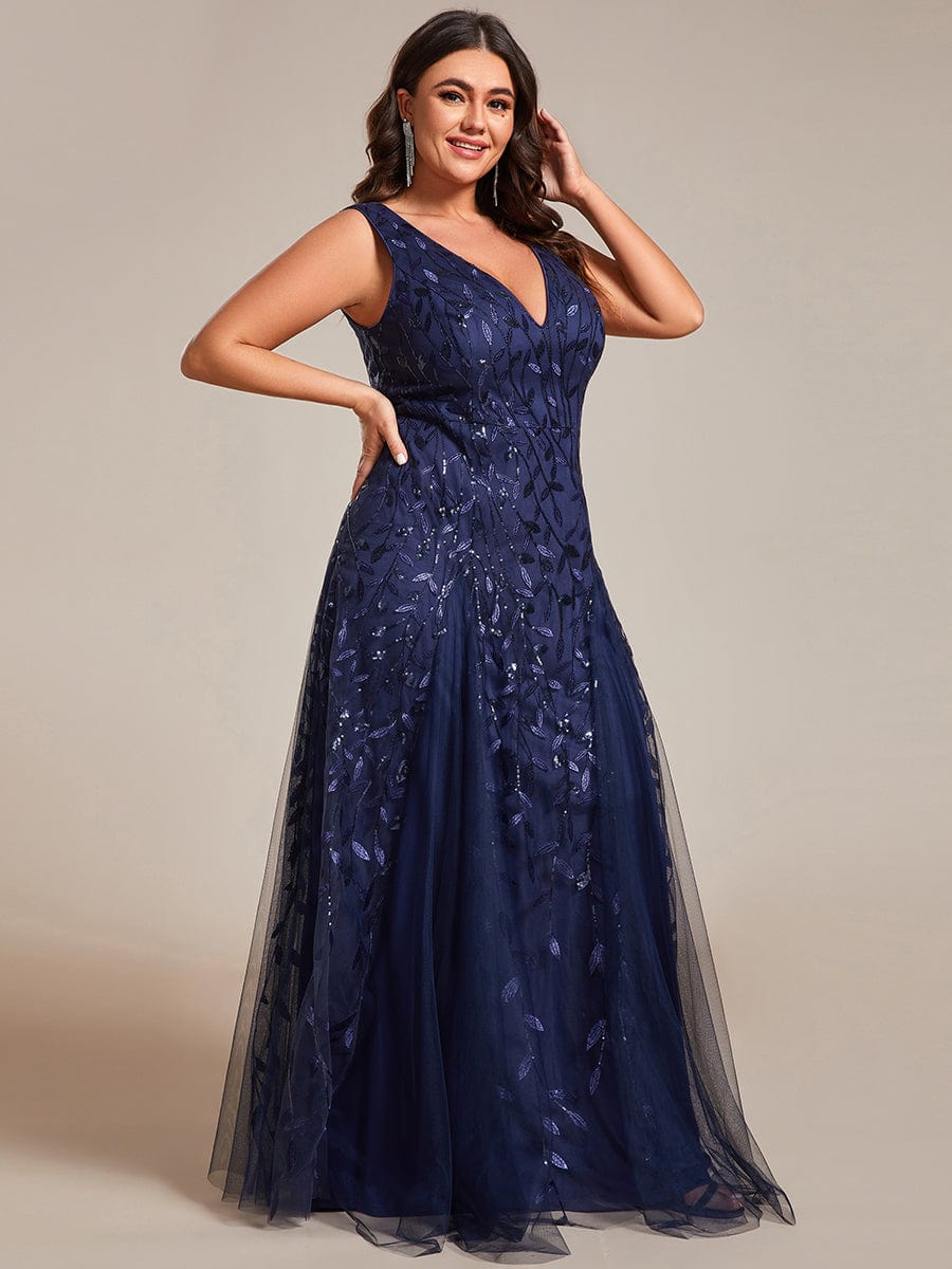 Leaf Sequin Sleeveless A-Line Evening Dress with Elegant V-Neck and Tulle