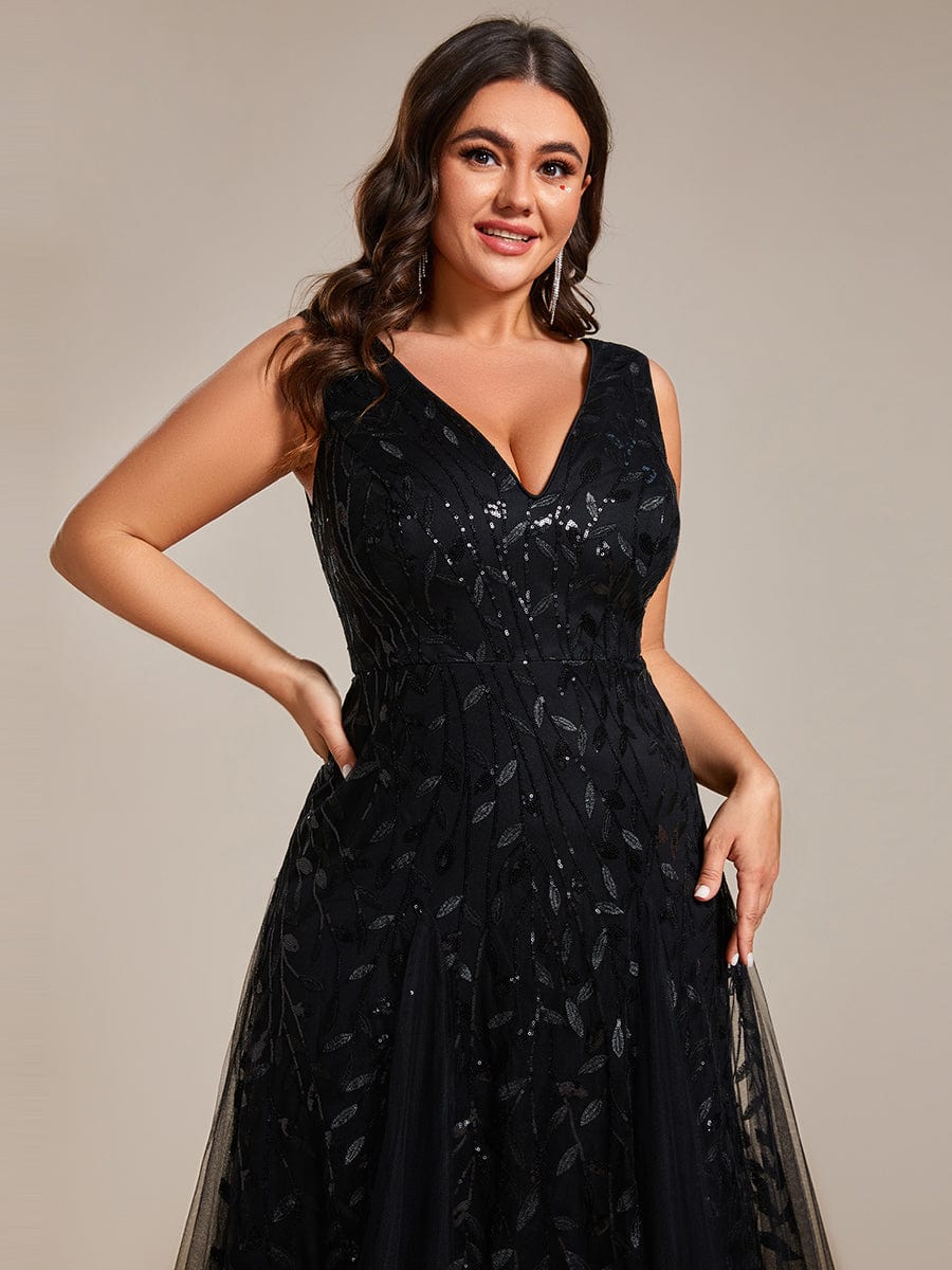 Leaf Sequin Sleeveless A-Line Evening Dress with Elegant V-Neck and Tulle