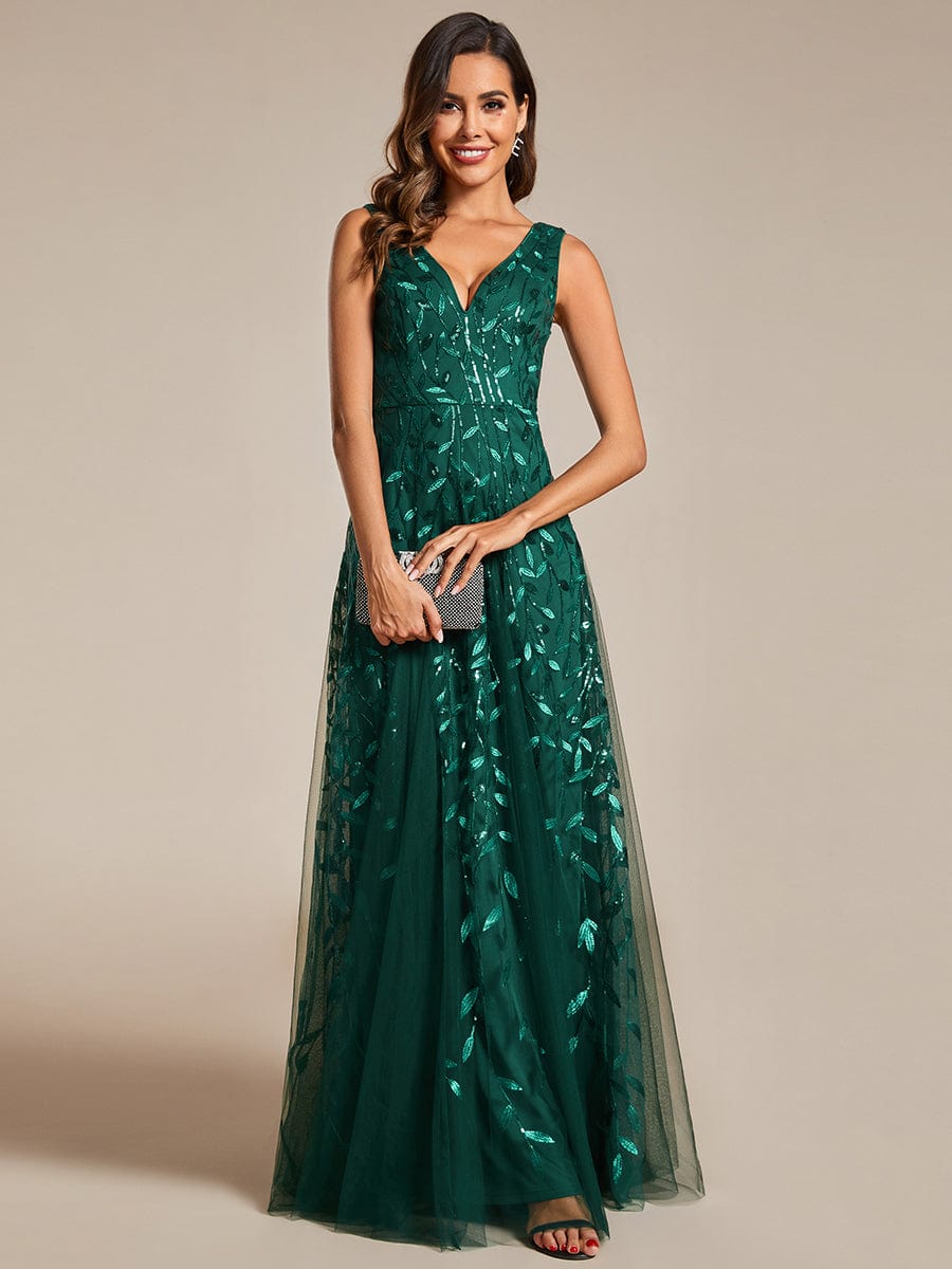 Leaf Sequin Sleeveless A-Line Evening Dress with Elegant V-Neck and Tulle
