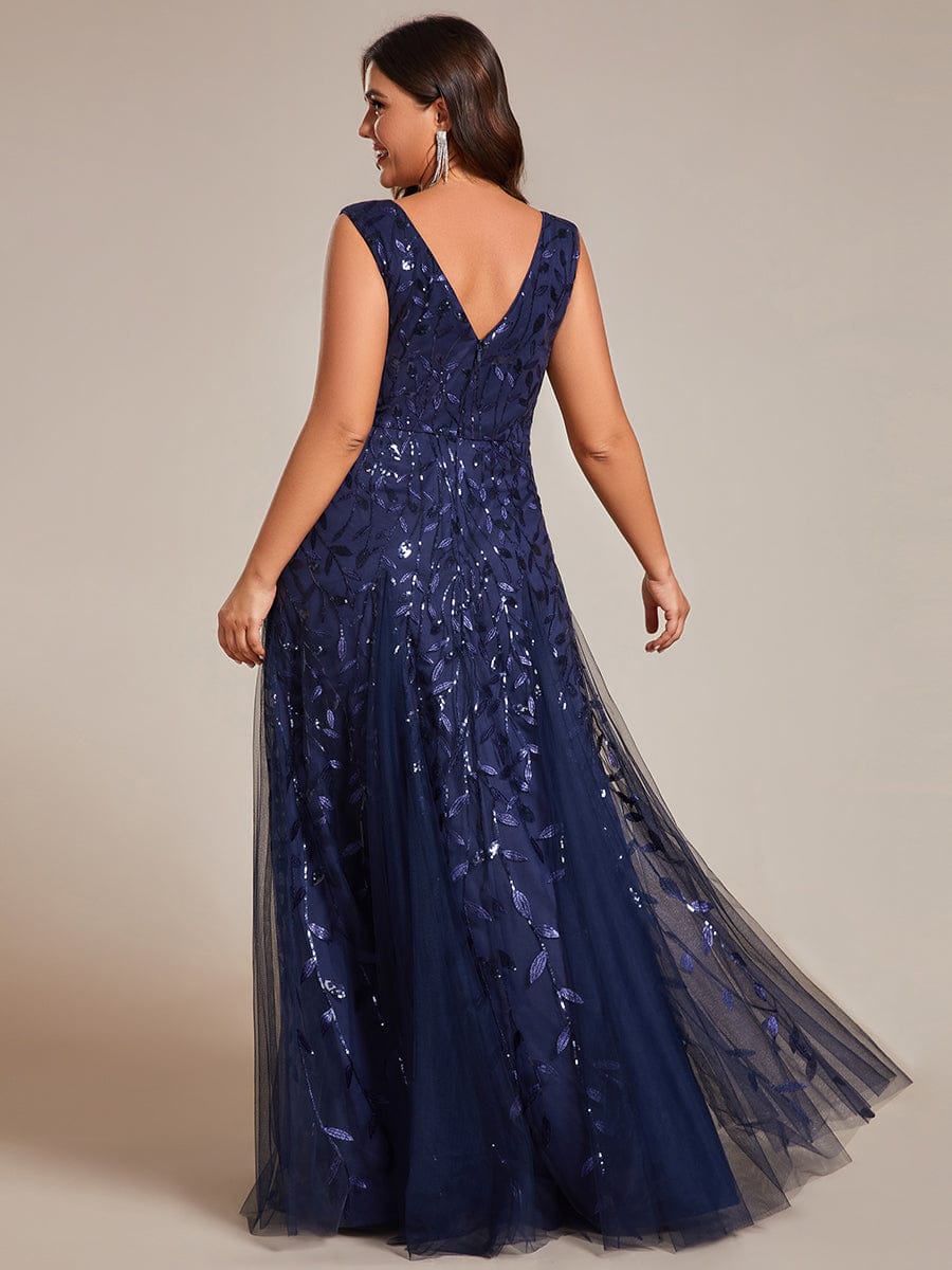 Leaf Sequin Sleeveless A-Line Evening Dress with Elegant V-Neck and Tulle