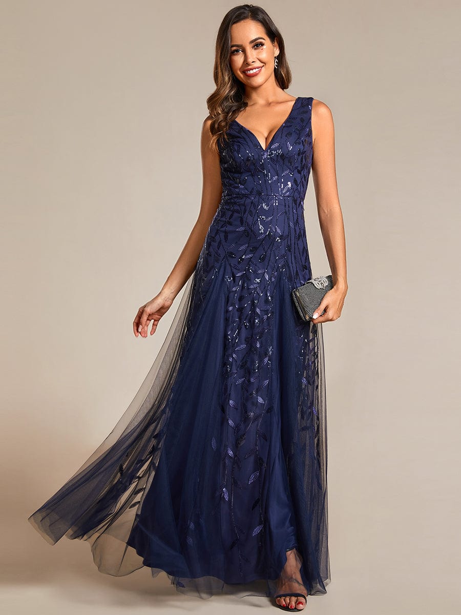 Leaf Sequin Sleeveless A-Line Evening Dress with Elegant V-Neck and Tulle