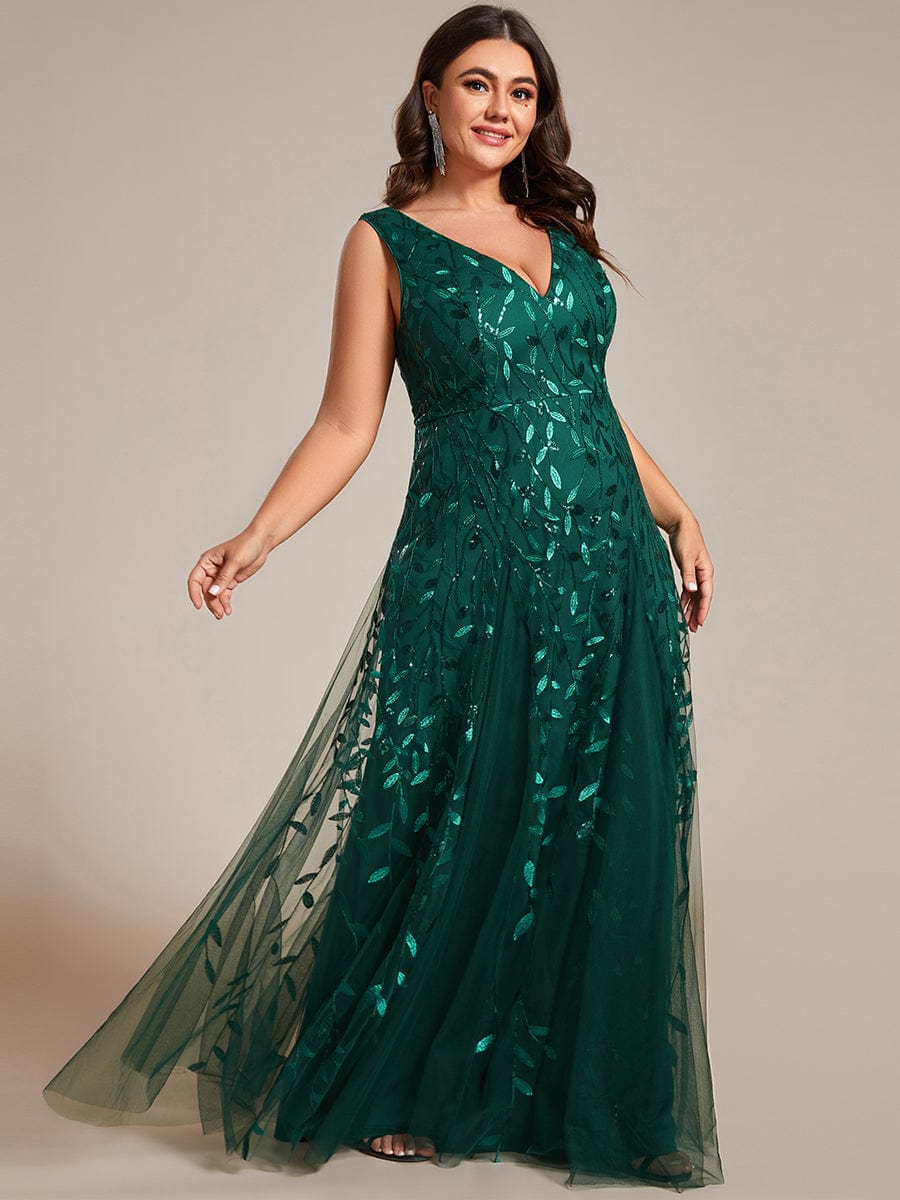 Leaf Sequin Sleeveless A-Line Evening Dress with Elegant V-Neck and Tulle