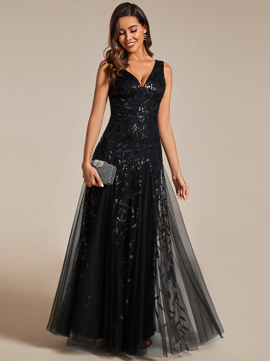 Leaf Sequin Sleeveless A-Line Evening Dress with Elegant V-Neck and Tulle