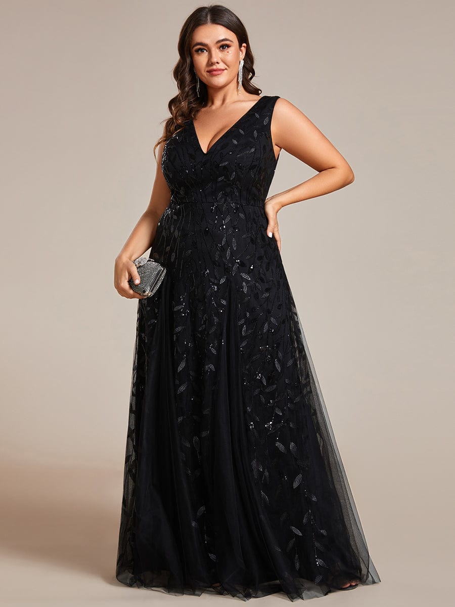 Leaf Sequin Sleeveless A-Line Evening Dress with Elegant V-Neck and Tulle