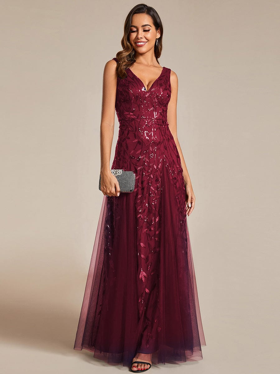 Leaf Sequin Sleeveless A-Line Evening Dress with Elegant V-Neck and Tulle