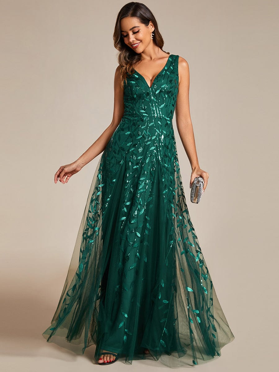 Leaf Sequin Sleeveless A-Line Evening Dress with Elegant V-Neck and Tulle