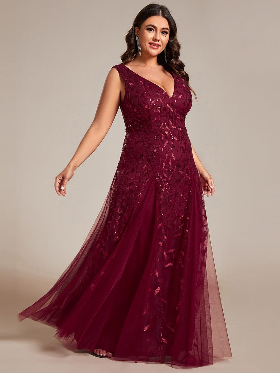 Leaf Sequin Sleeveless A-Line Evening Dress with Elegant V-Neck and Tulle