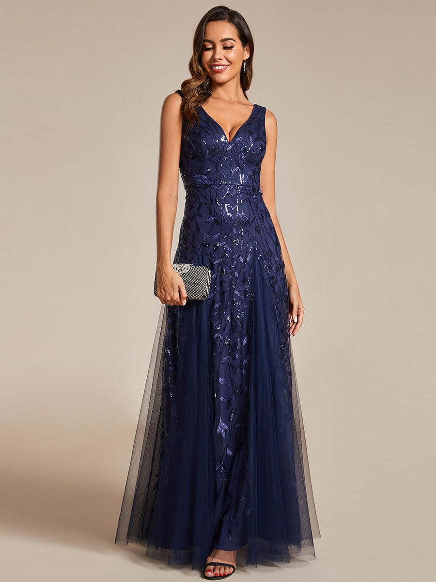 Leaf Sequin Sleeveless A-Line Evening Dress with Elegant V-Neck and Tulle