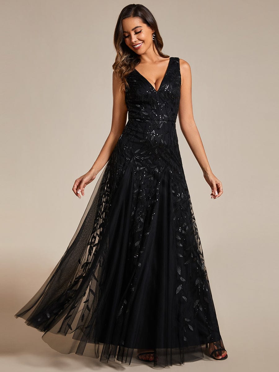 Leaf Sequin Sleeveless A-Line Evening Dress with Elegant V-Neck and Tulle
