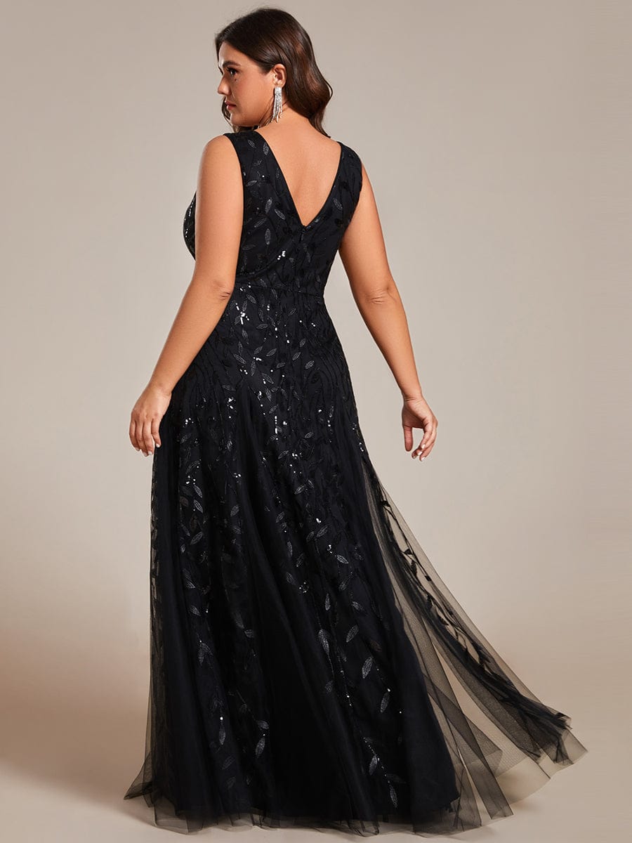 Leaf Sequin Sleeveless A-Line Evening Dress with Elegant V-Neck and Tulle