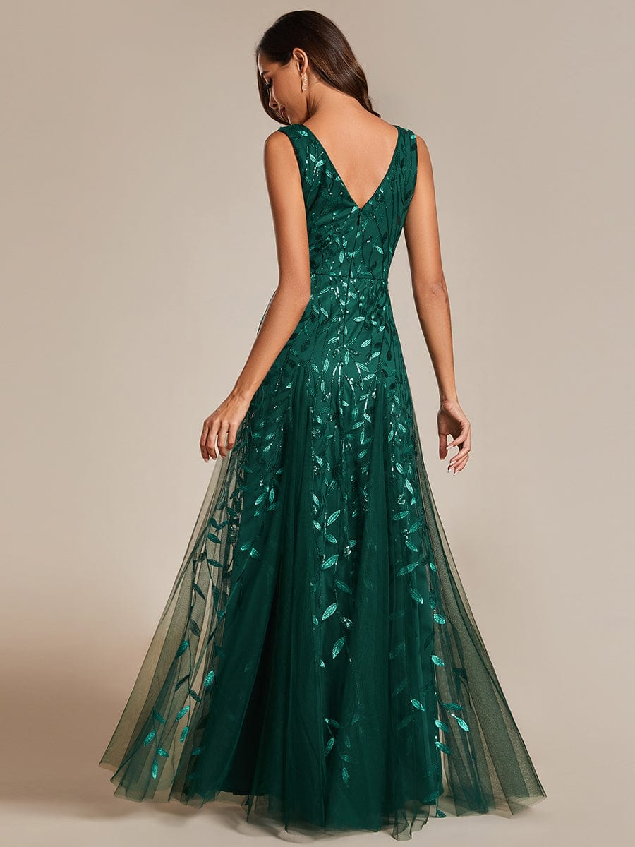 Leaf Sequin Sleeveless A-Line Evening Dress with Elegant V-Neck and Tulle
