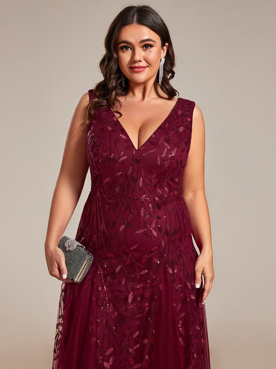 Leaf Sequin Sleeveless A-Line Evening Dress with Elegant V-Neck and Tulle