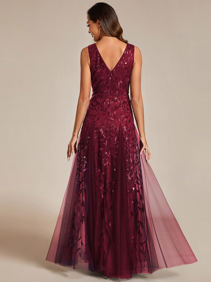 Leaf Sequin Sleeveless A-Line Evening Dress with Elegant V-Neck and Tulle