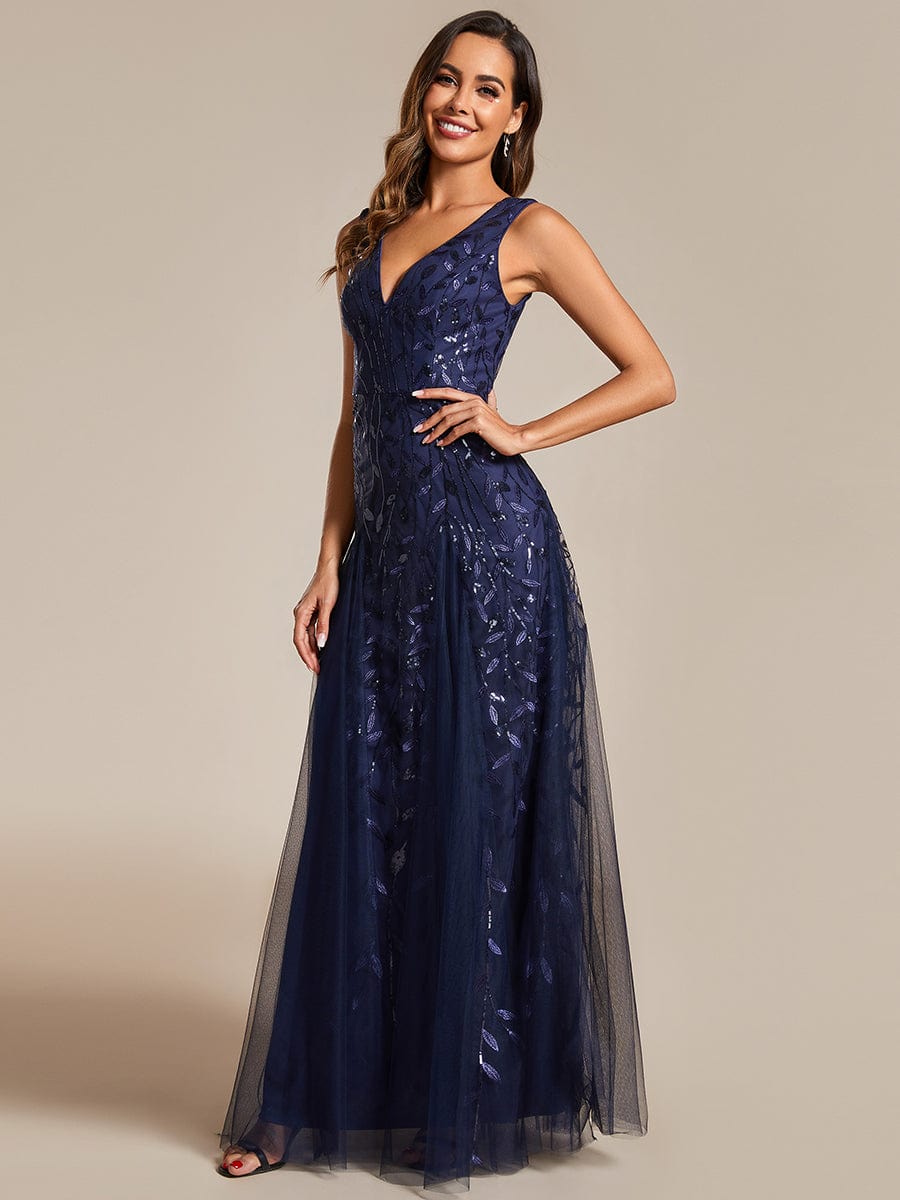 Leaf Sequin Sleeveless A-Line Evening Dress with Elegant V-Neck and Tulle