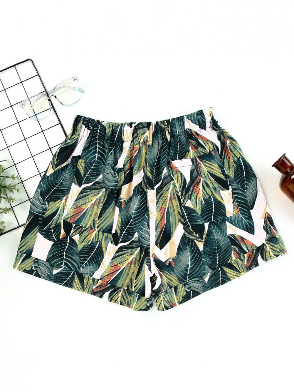 Leafy Green Drawstring Shorts with Pockets