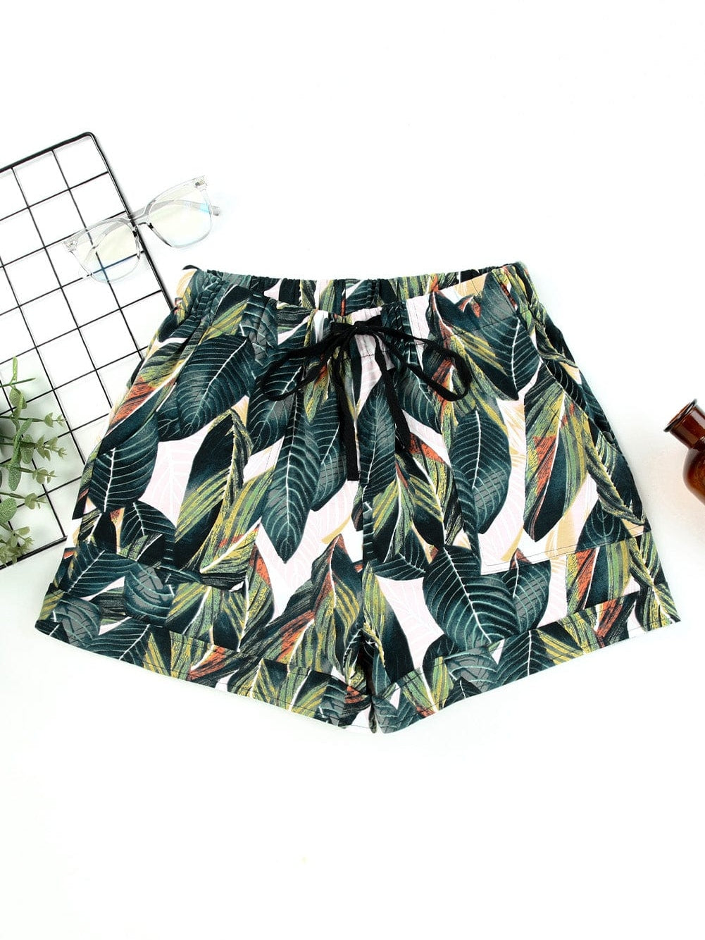 Leafy Green Drawstring Shorts with Pockets