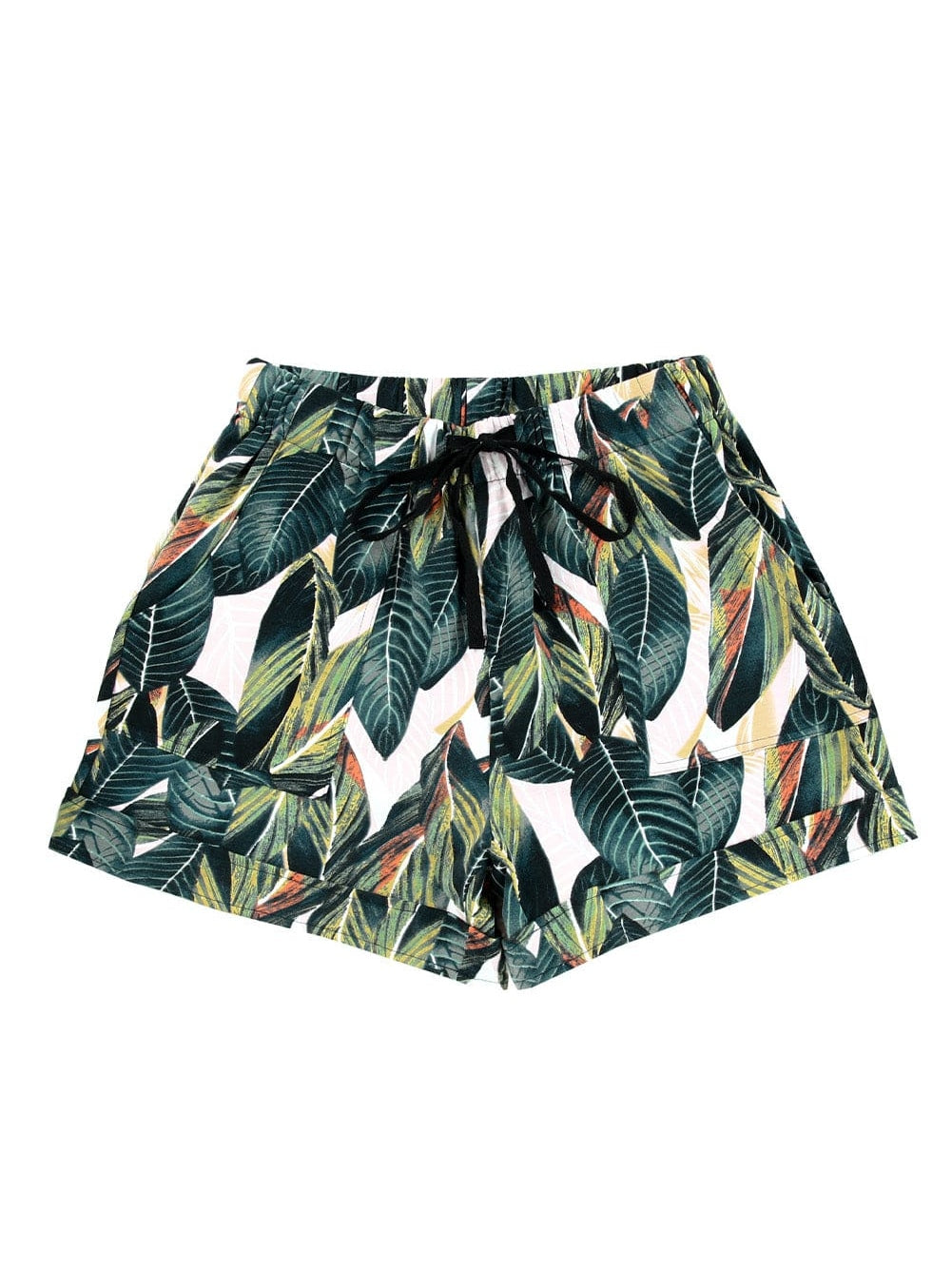 Leafy Green Drawstring Shorts with Pockets