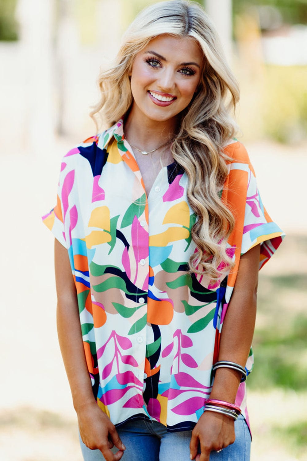 Leafy Print Short Sleeve Shirt with Abstract Design