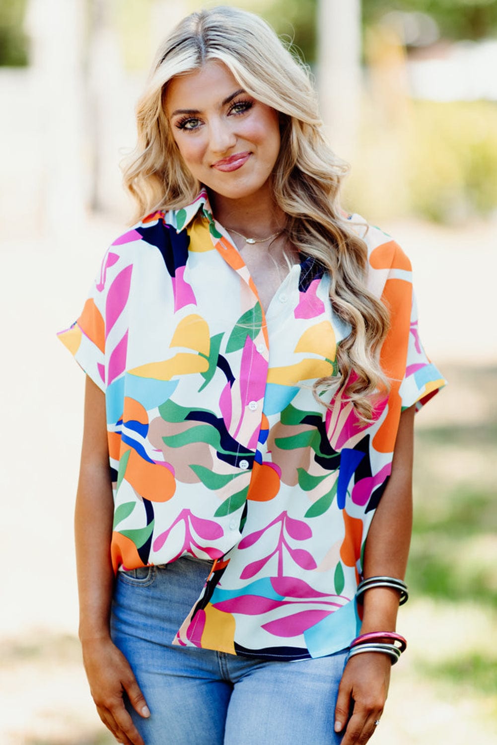 Leafy Print Short Sleeve Shirt with Abstract Design