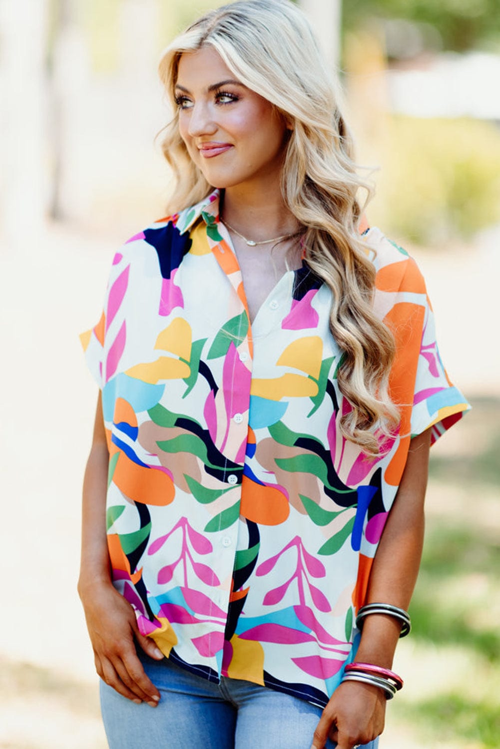 Leafy Print Short Sleeve Shirt with Abstract Design