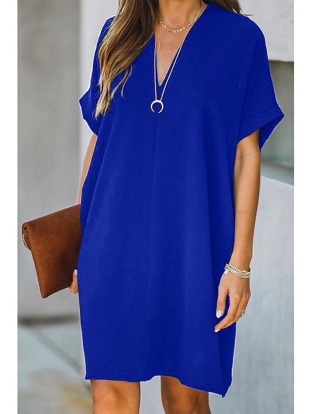 Women's Dress - Casual Dress Midi Dress Black White Yellow Short Sleeve Pure Color Summer Spring V Neck Hot  S M L XL XXL