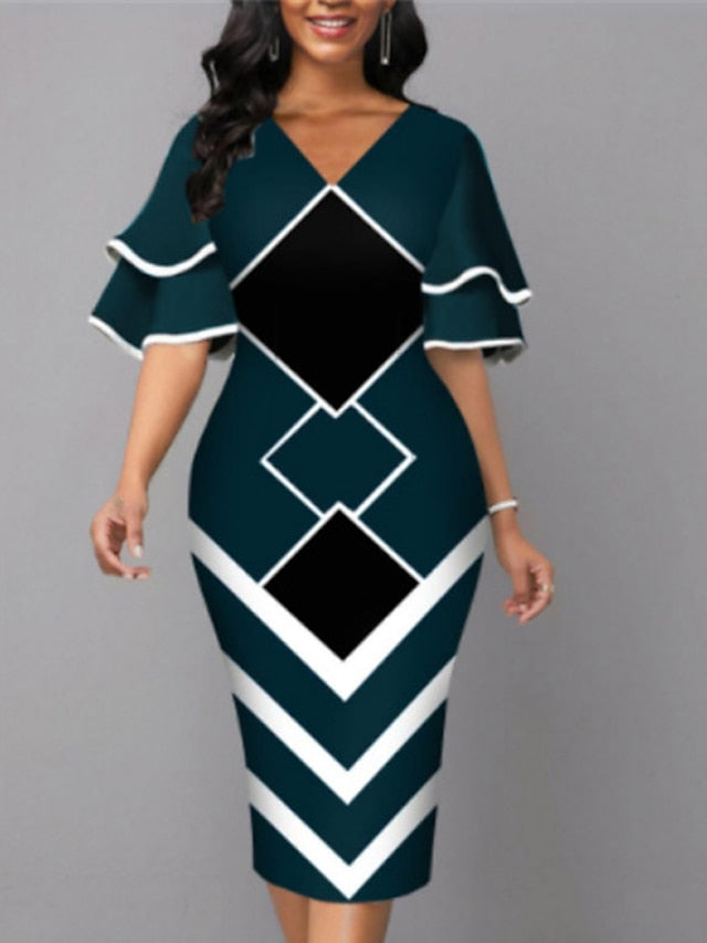 Women's Dress - Bodycon Sheath Dress Modern Dress Midi Dress Yellow Wine Royal Blue Half Sleeve Print Ruffle Summer Spring V Neck Stylish 2023 S M L XL XXL 3XL 4XL 5XL
