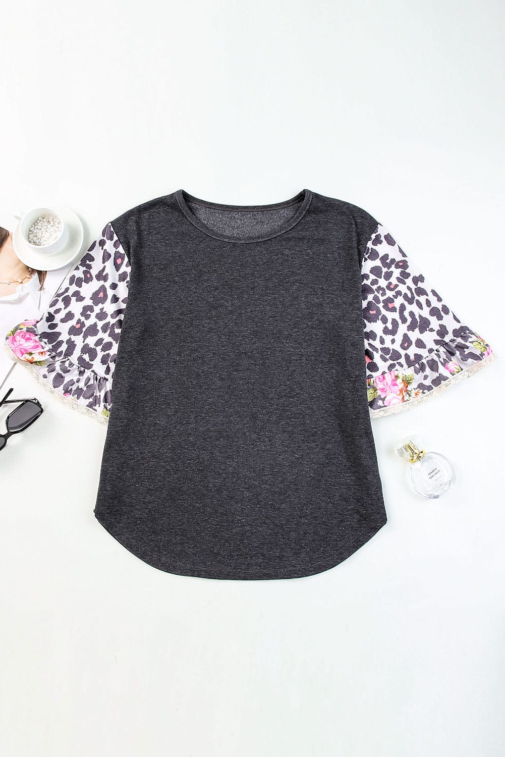 Leopard and Floral Patchwork Ruffle Sleeve Top with Southern Belle Style