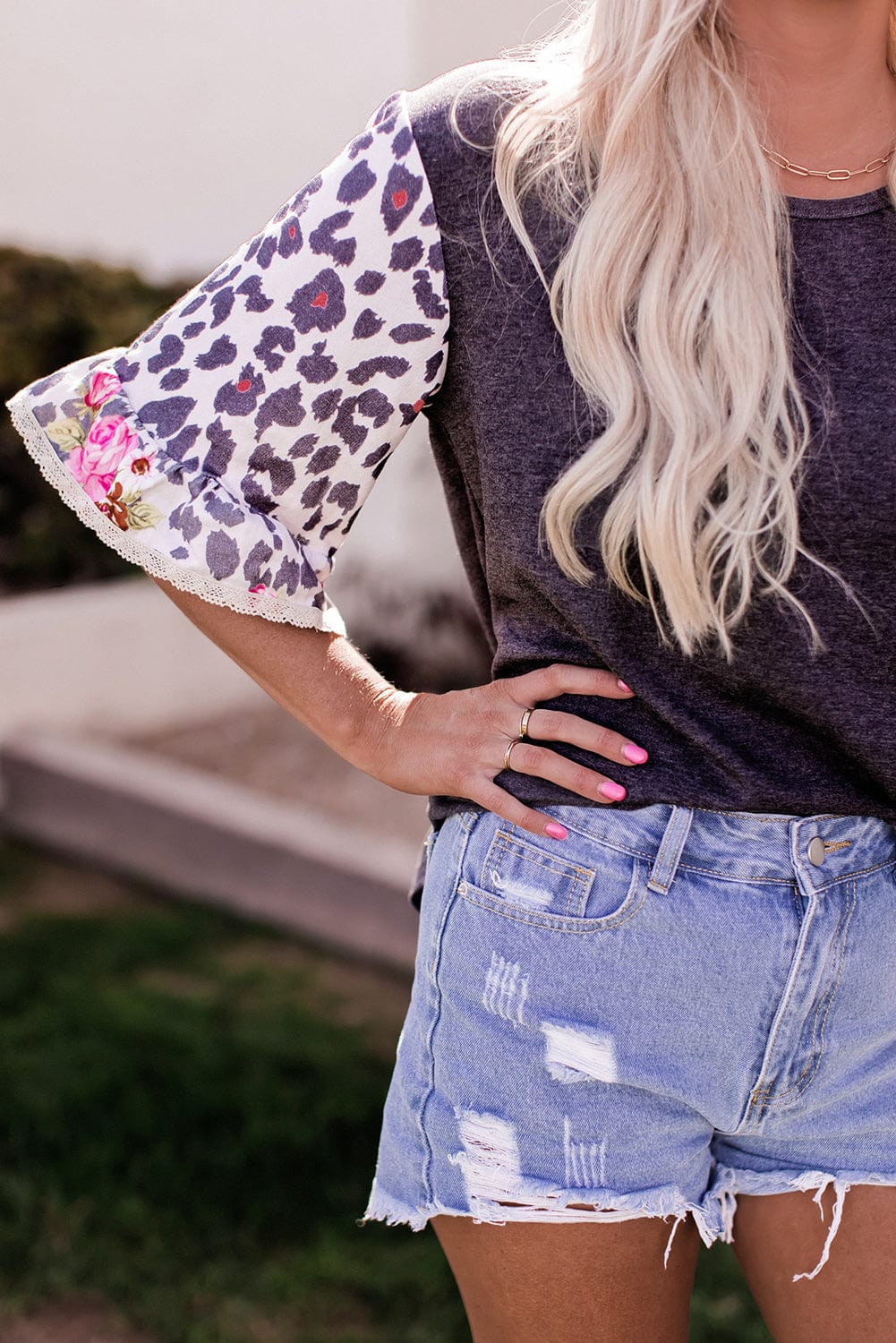 Leopard and Floral Patchwork Ruffle Sleeve Top with Southern Belle Style
