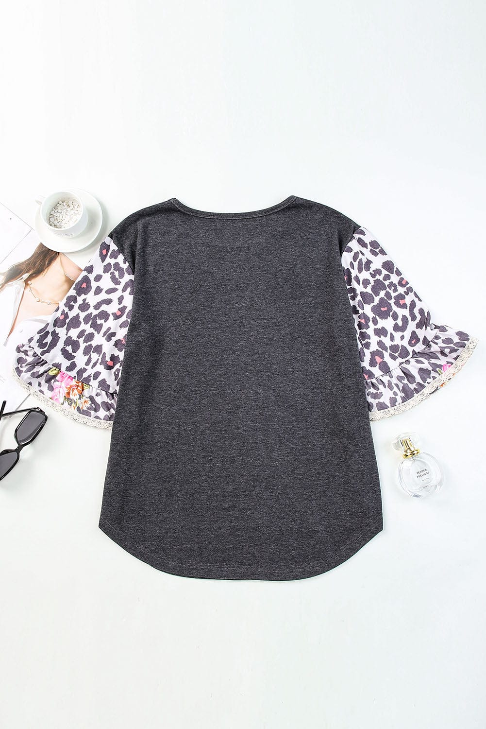 Leopard and Floral Patchwork Ruffle Sleeve Top with Southern Belle Style