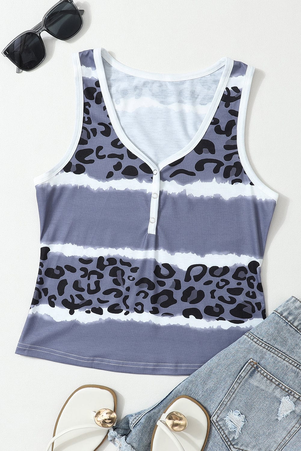 Leopard and Tie-Dye Ribbed Gray Snap Tank Top