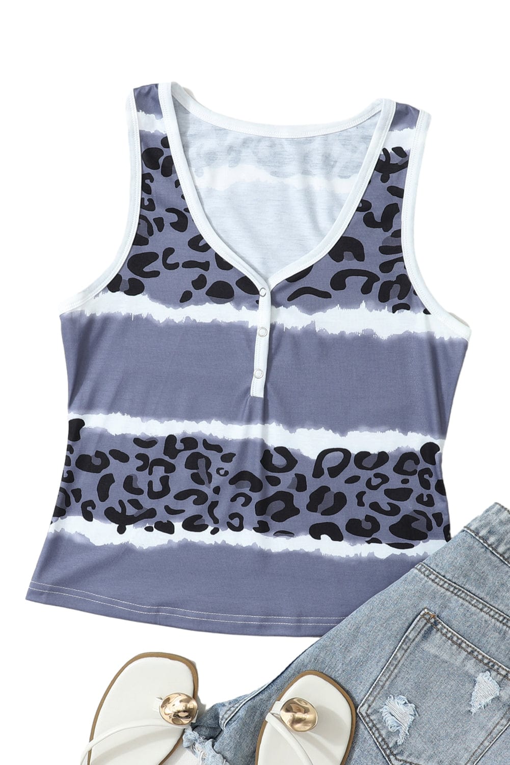 Leopard and Tie-Dye Ribbed Gray Snap Tank Top