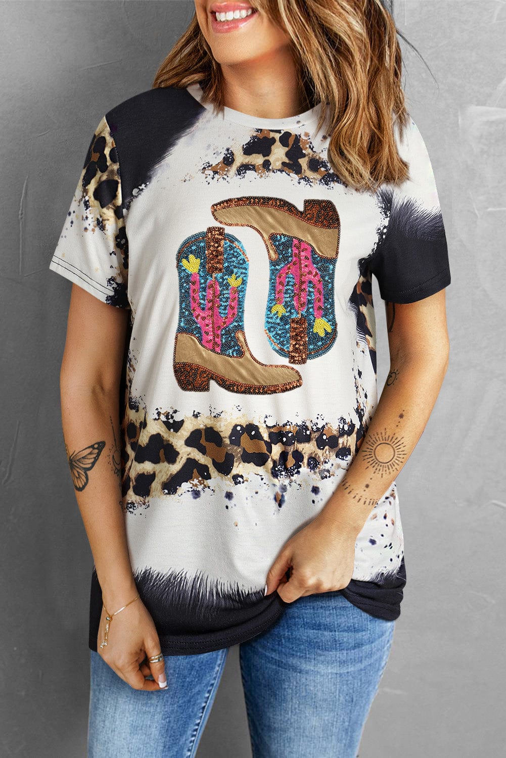 Leopard Cowboy Boots Graphic T Shirt with Sequin Cactus Detail