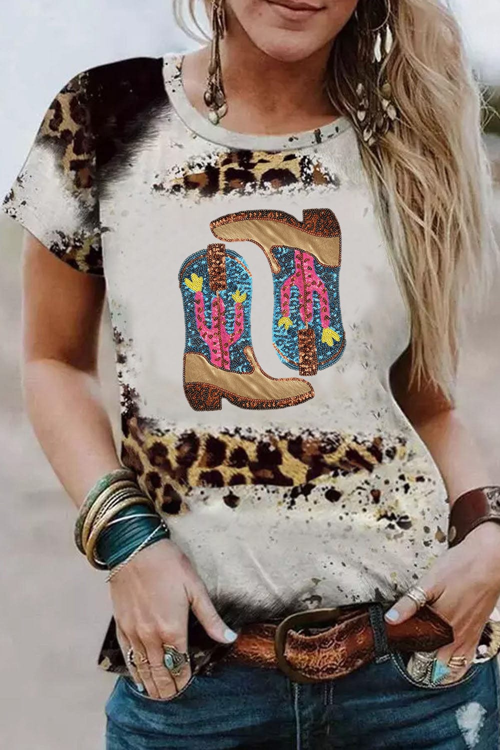 Leopard Cowboy Boots Graphic T Shirt with Sequin Cactus Detail