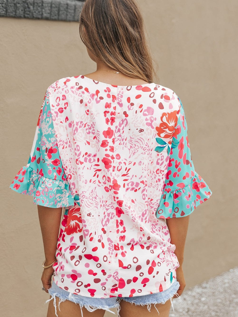 Leopard Floral Ruffle Sleeve V-Neck Surplice Blouse