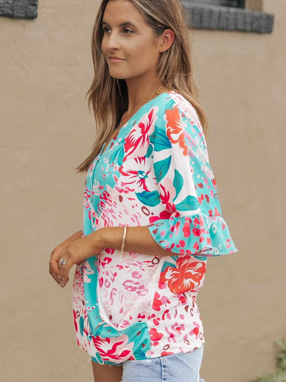 Leopard Floral Ruffle Sleeve V-Neck Surplice Blouse