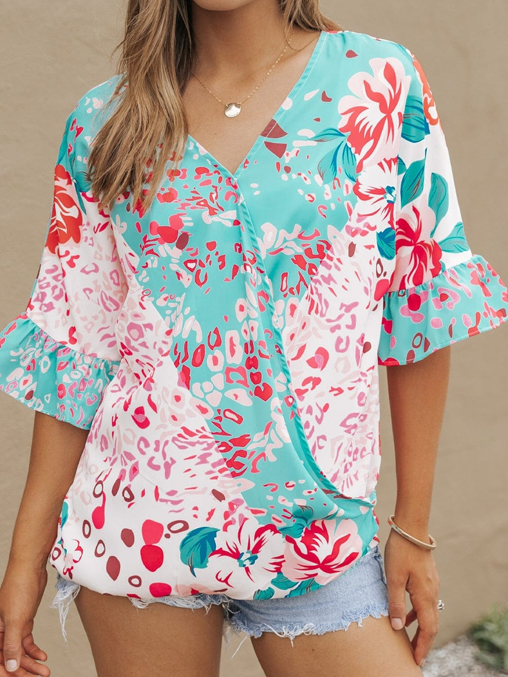 Leopard Floral Ruffle Sleeve V-Neck Surplice Blouse